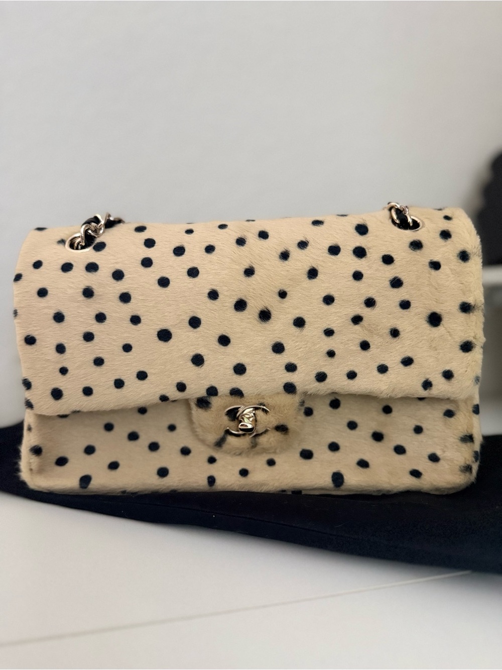 CHANEL Beige and Black Polka Dot Fur Shoulder Bag
